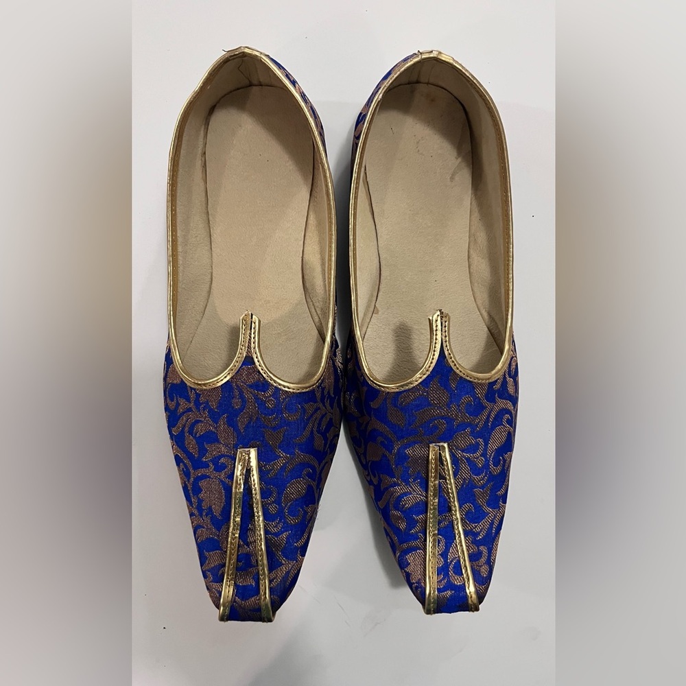 Elegant Blue and Gold Brocade Loafers juti mojdi indian traditional shoe